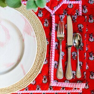 Furbish Mistletoe Tablecloth - Pink & Red Blockprinted Cotton, 60” x 90”